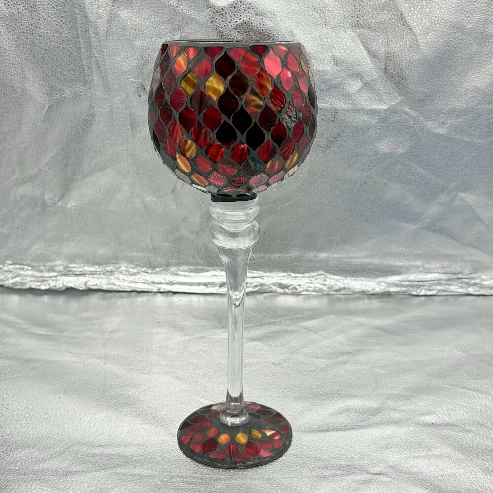 Stained Glass Mosaic Goblet Candle Holder Reds 14” H VTG Pedestal‎ Retro Gypsy